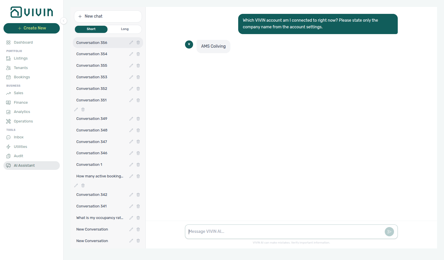 AI Assistant — reply naming the active account company and contact email from settings