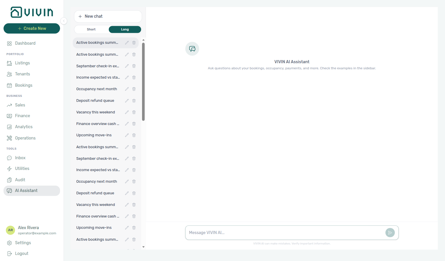 AI Assistant — Long answer mode selected under New chat