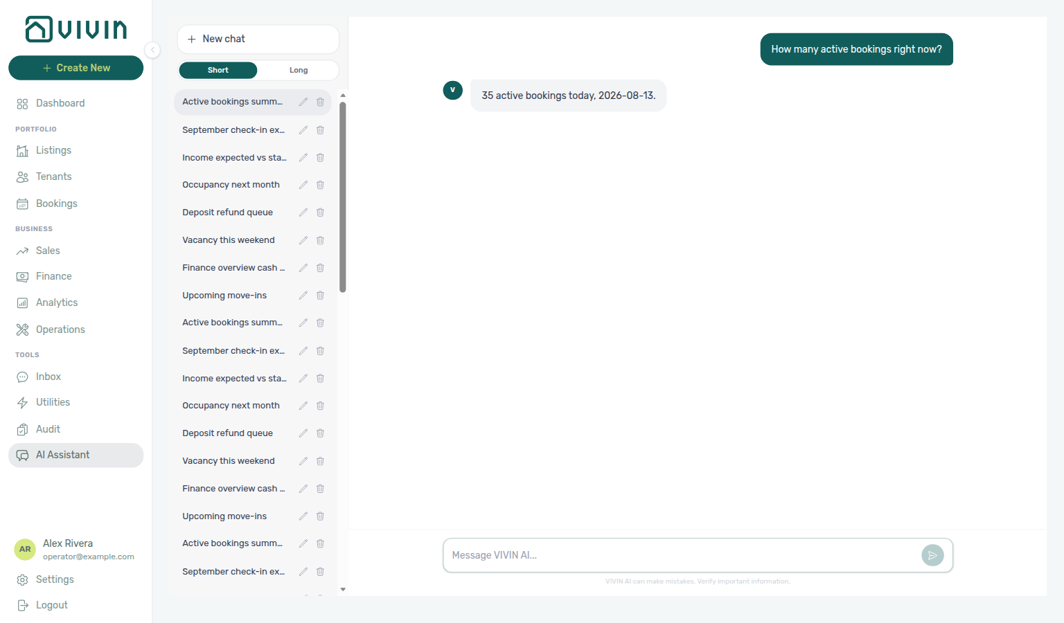 AI Assistant — Short reply with a plain active-bookings count