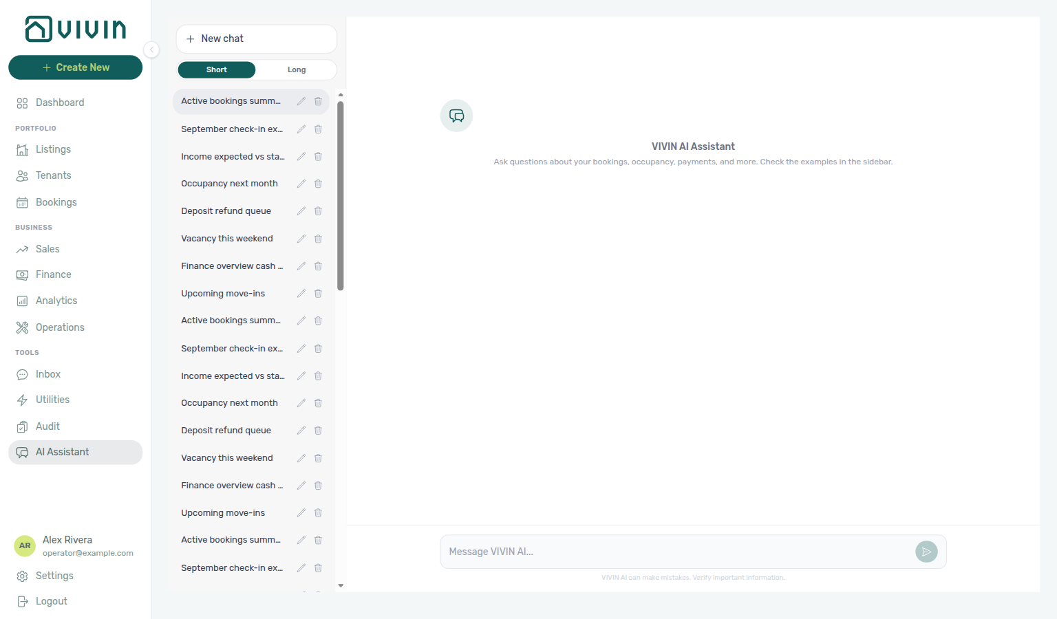 AI Assistant — Short answer mode selected under New chat