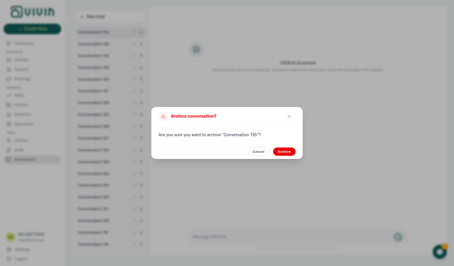 AI Assistant — archive confirmation before a conversation is removed from the sidebar