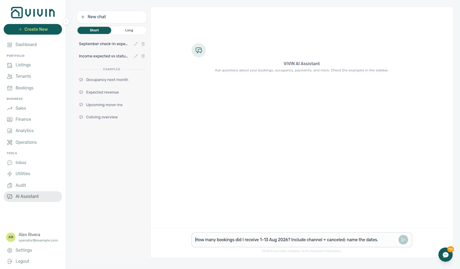 AI Assistant — composer asking how many bookings were received in a date range