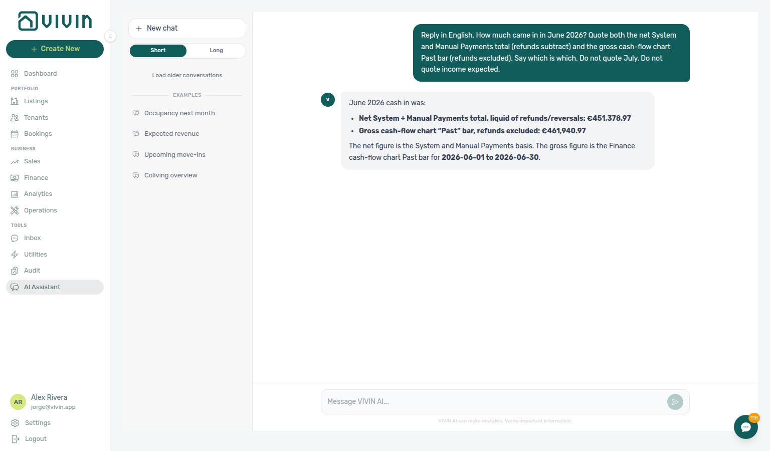AI Assistant — June 2026 cash in with net System and Manual Payments total and gross cash-flow chart Past bar