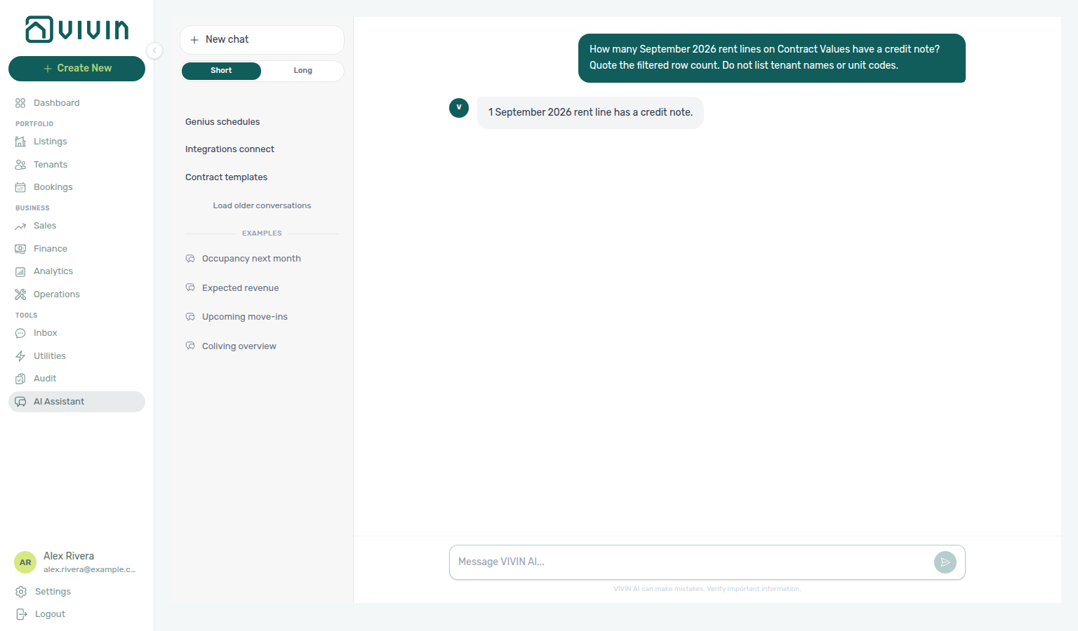 AI Assistant — September rent lines that have a credit note, with filtered row count