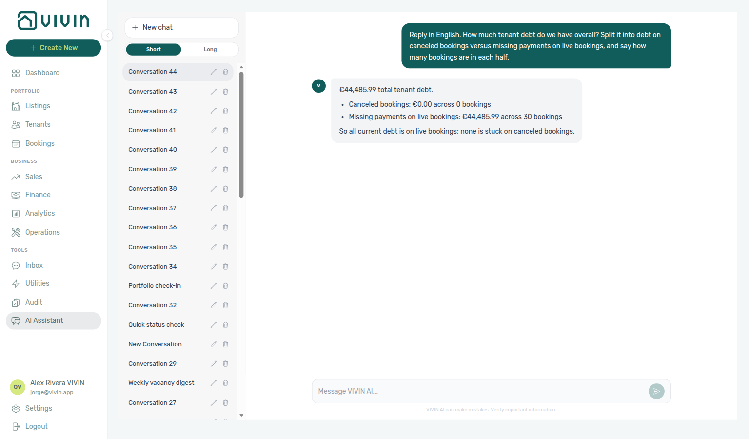 AI Assistant — tenant debt split into canceled bookings vs missing payments on live stays