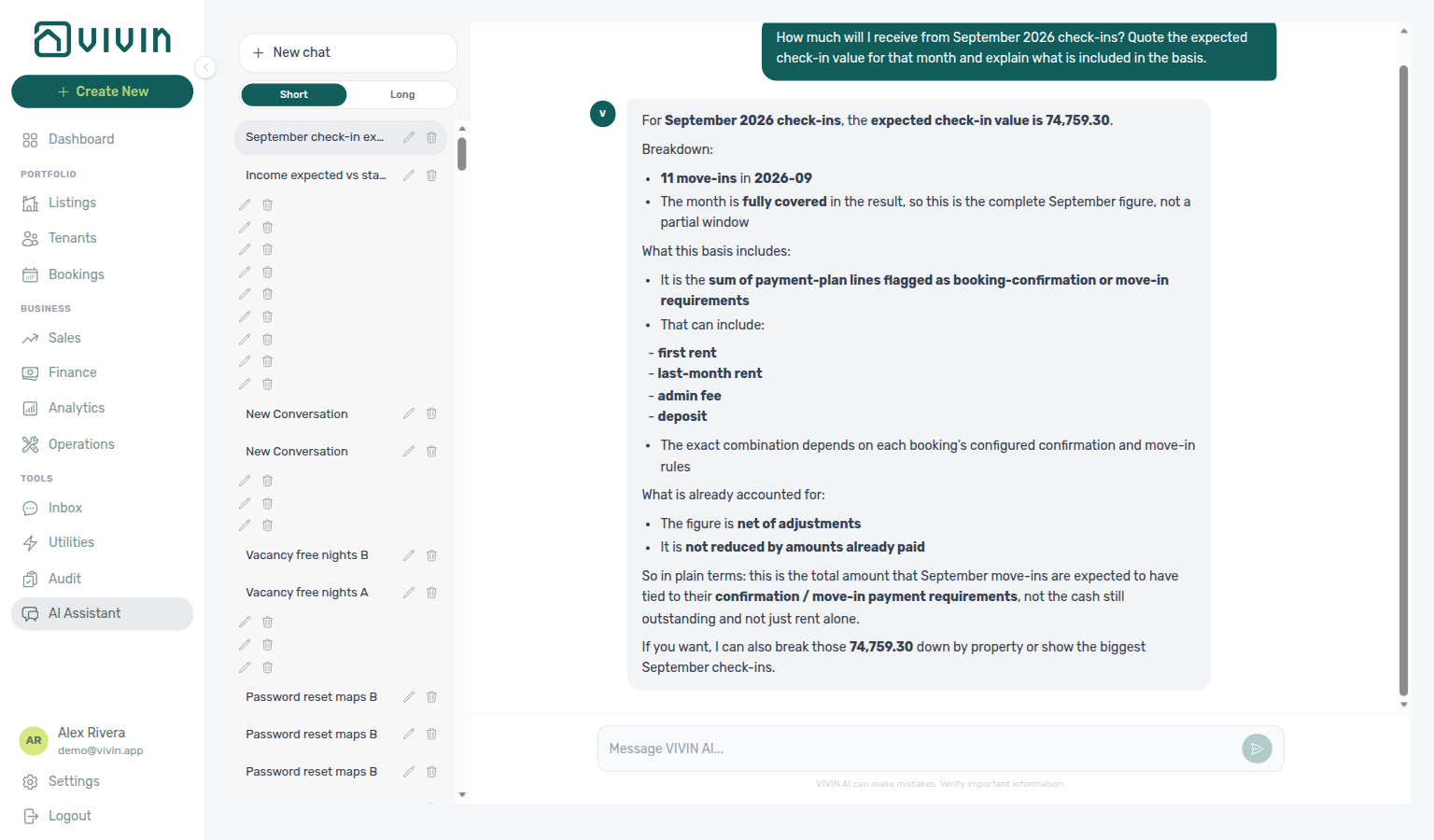 AI Assistant — September expected check-in value with basis and full-month coverage