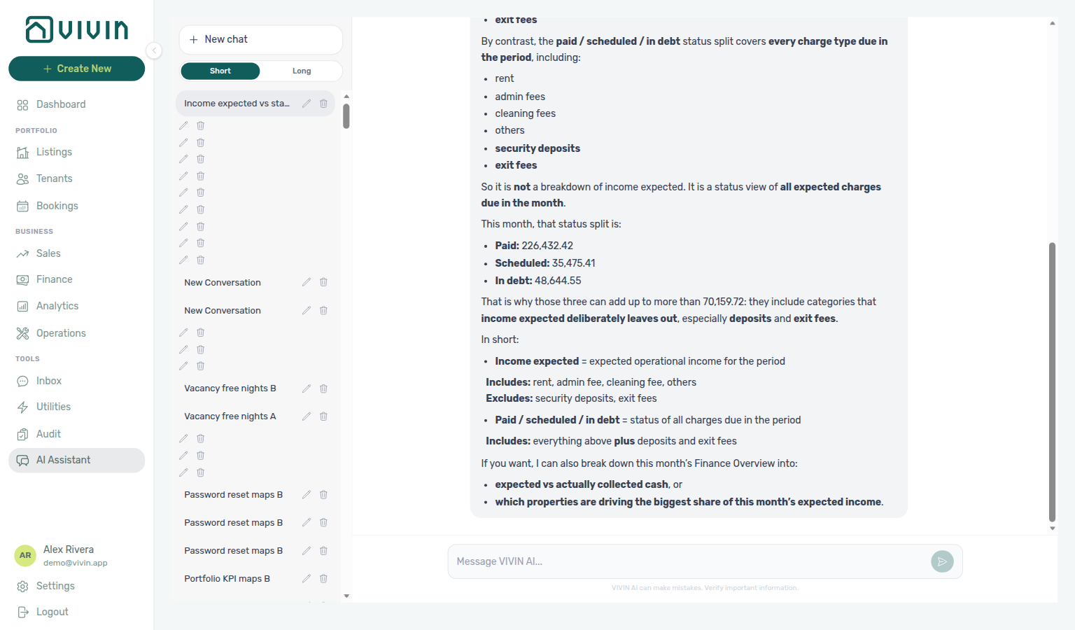 AI Assistant — income expected covers rent-related charges while status split can include deposits and exit fees