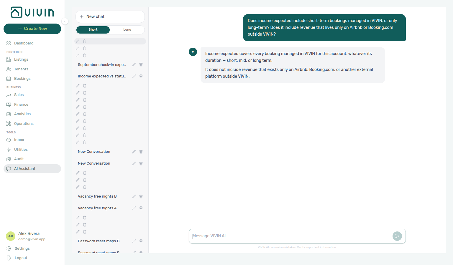 AI Assistant — income expected covers all VIVIN-managed stays and excludes OTA-only revenue