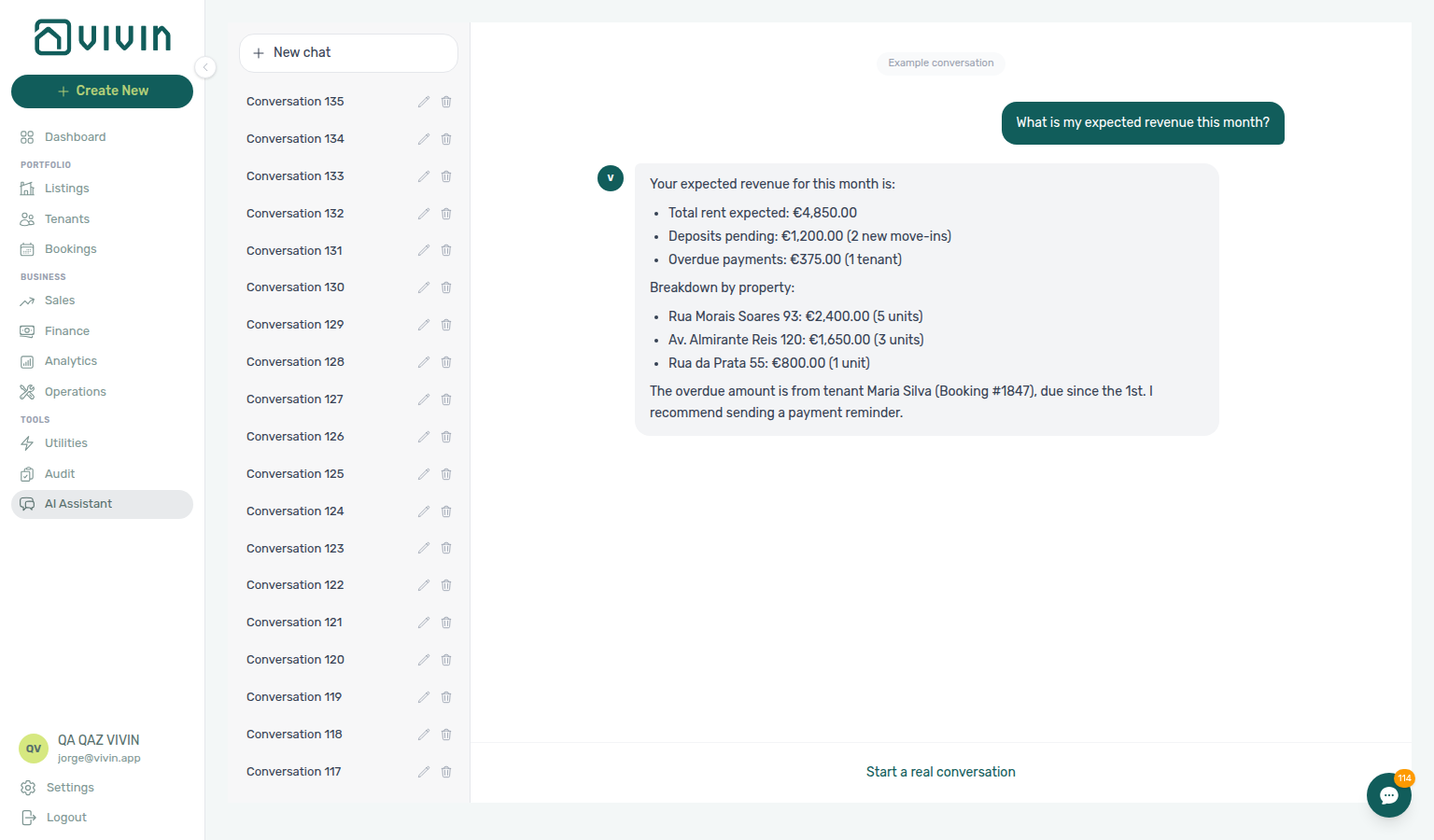 AI Assistant — formatted assistant reply with bullet list and structured portfolio breakdown (Examples thread)