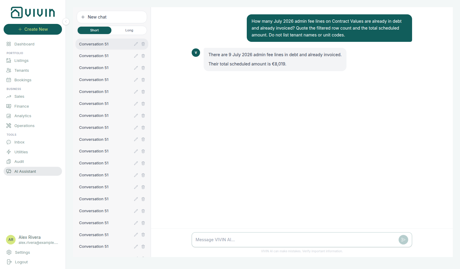 AI Assistant — July in-debt admin fee lines that are already invoiced, with filtered row count