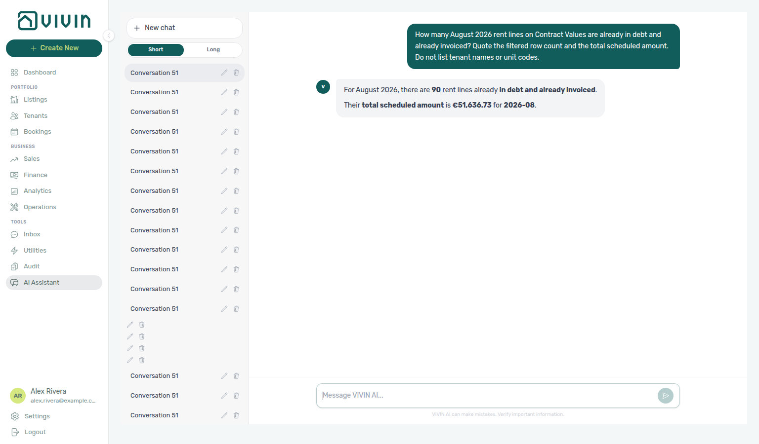 AI Assistant — August in-debt rent lines that are already invoiced, with filtered row count