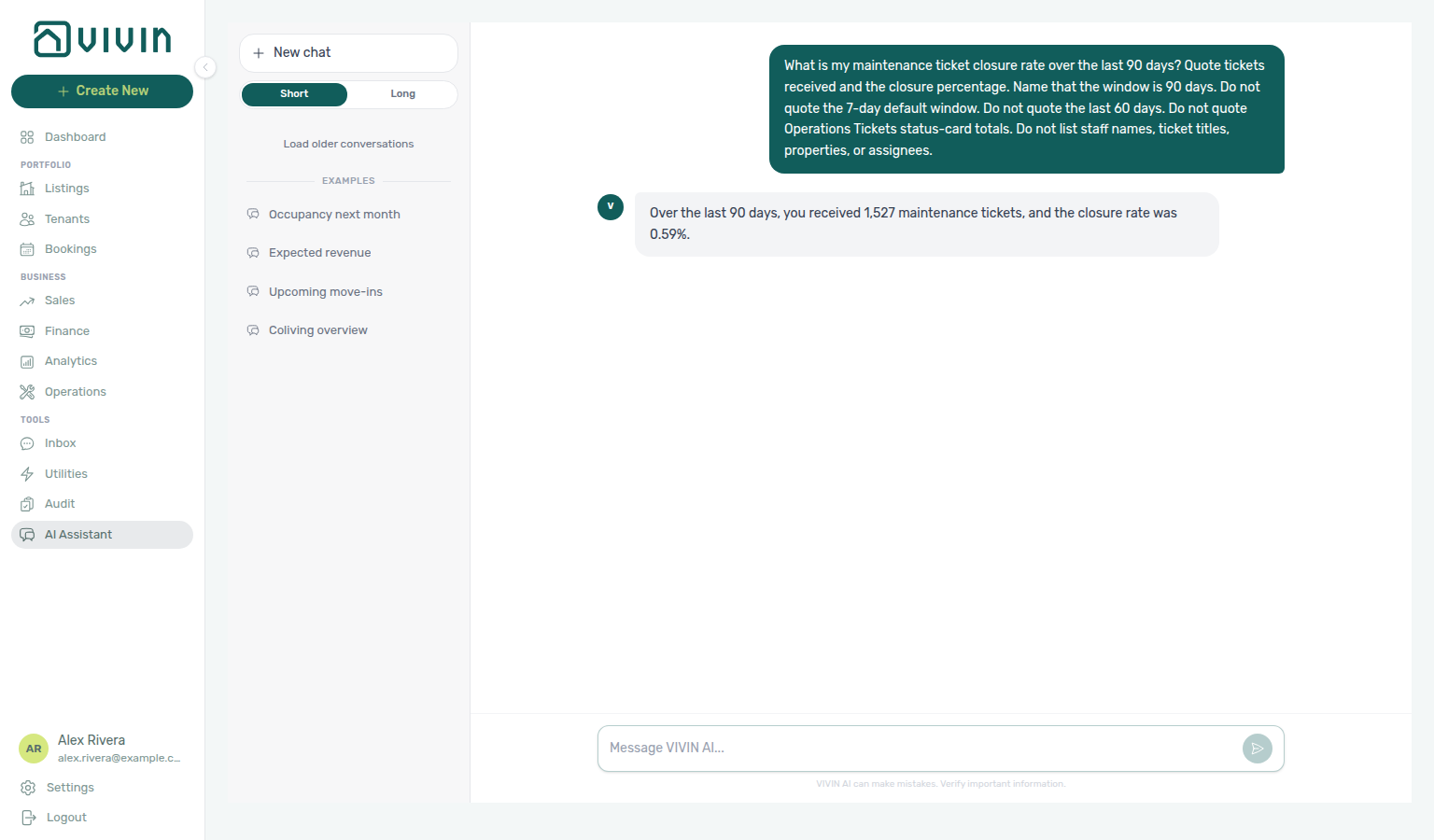 AI Assistant — 90-day maintenance ticket closure rate (received and percentage)