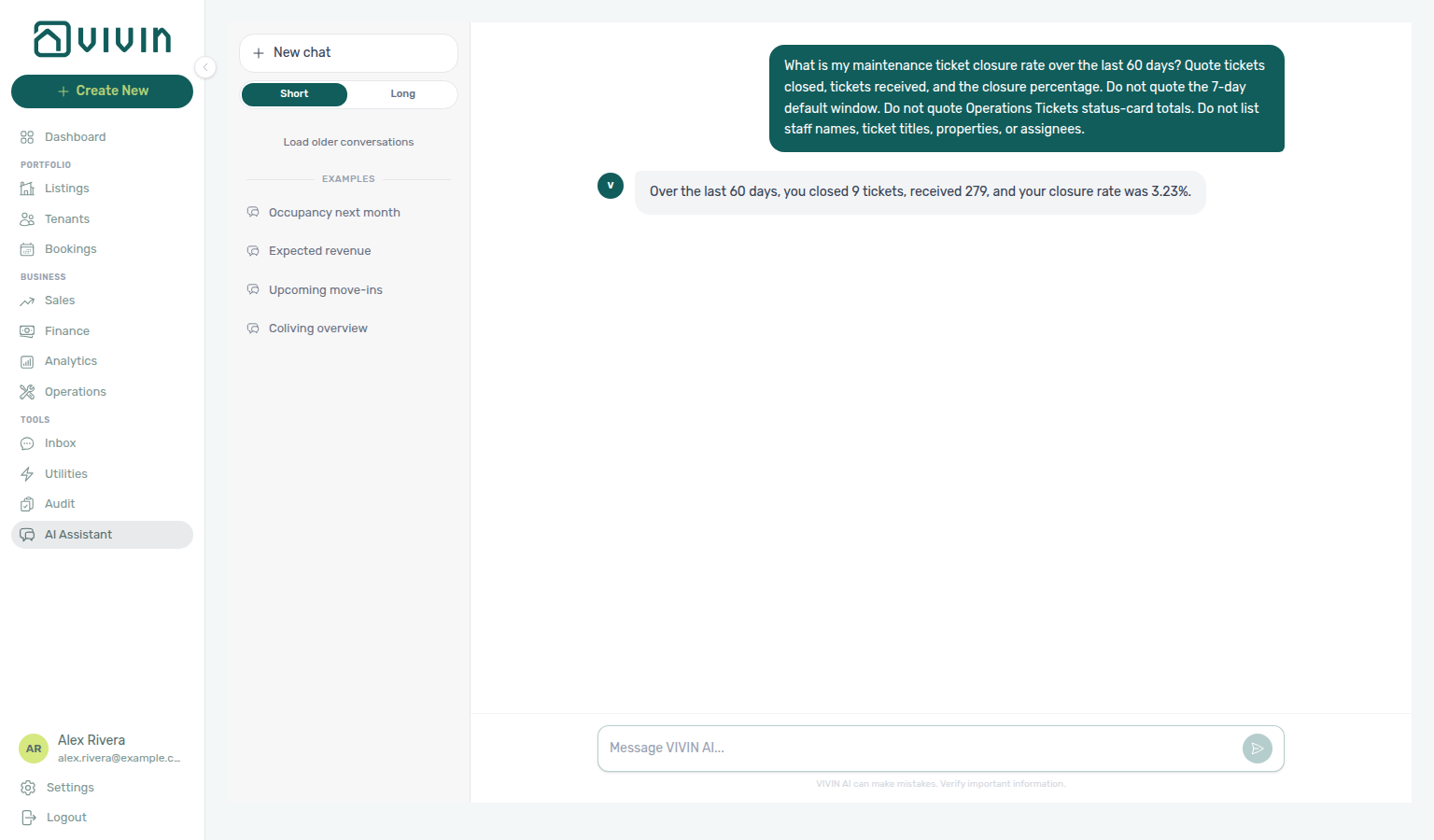 AI Assistant — 60-day maintenance ticket closure rate (closed, received, percentage)