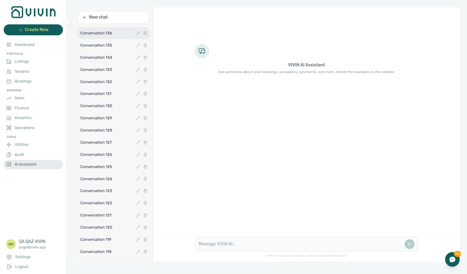 AI Assistant — conversation sidebar, example thread, and message composer in the management shell