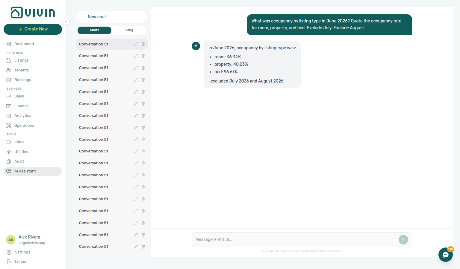 AI Assistant — June occupancy by listing type (room, property, and bed rates)