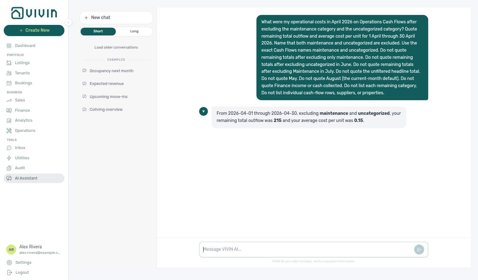 AI Assistant — April operational costs excluding maintenance and uncategorized (remaining outflow and average cost per unit)