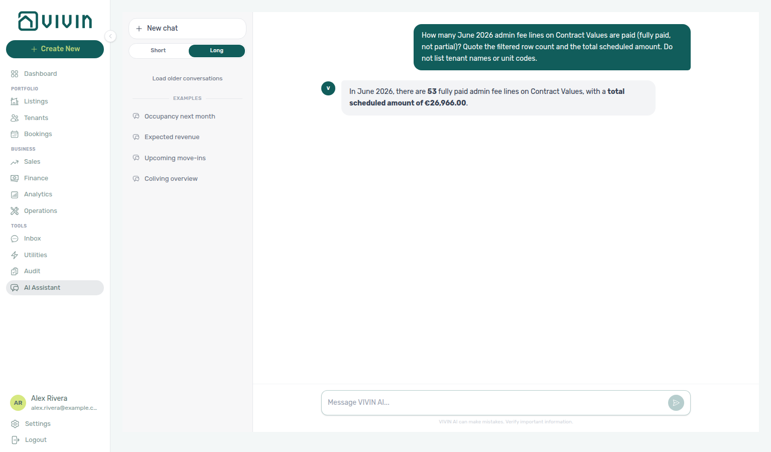 AI Assistant — June admin fee lines that are paid, with filtered row count