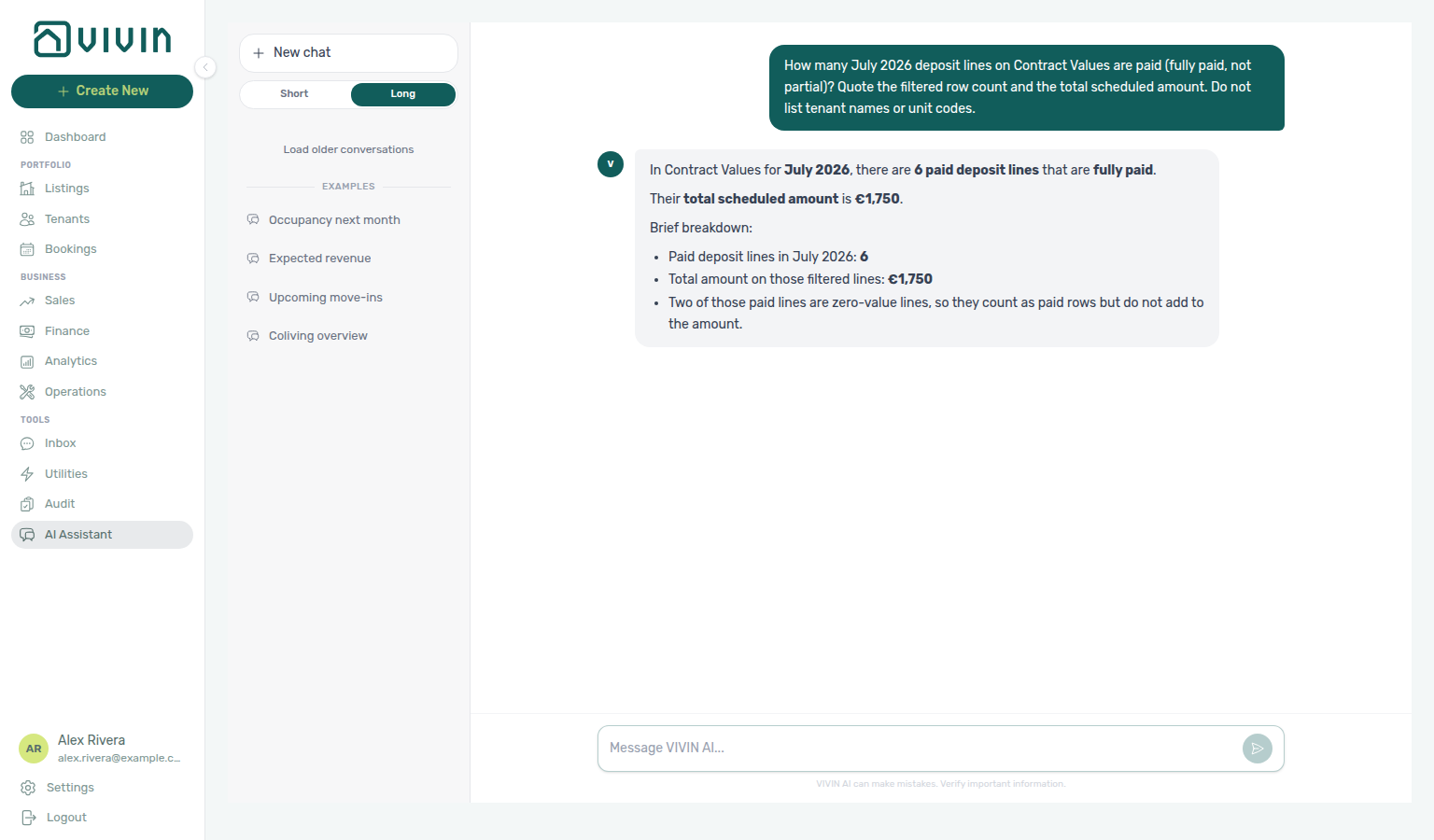 AI Assistant — July deposit lines that are paid, with filtered row count