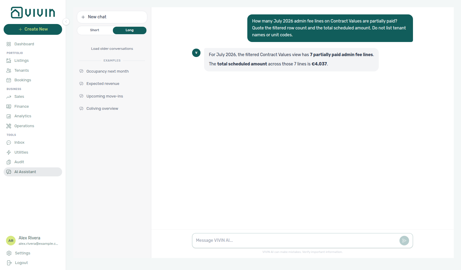 AI Assistant — July admin fee lines that are partially paid, with filtered row count