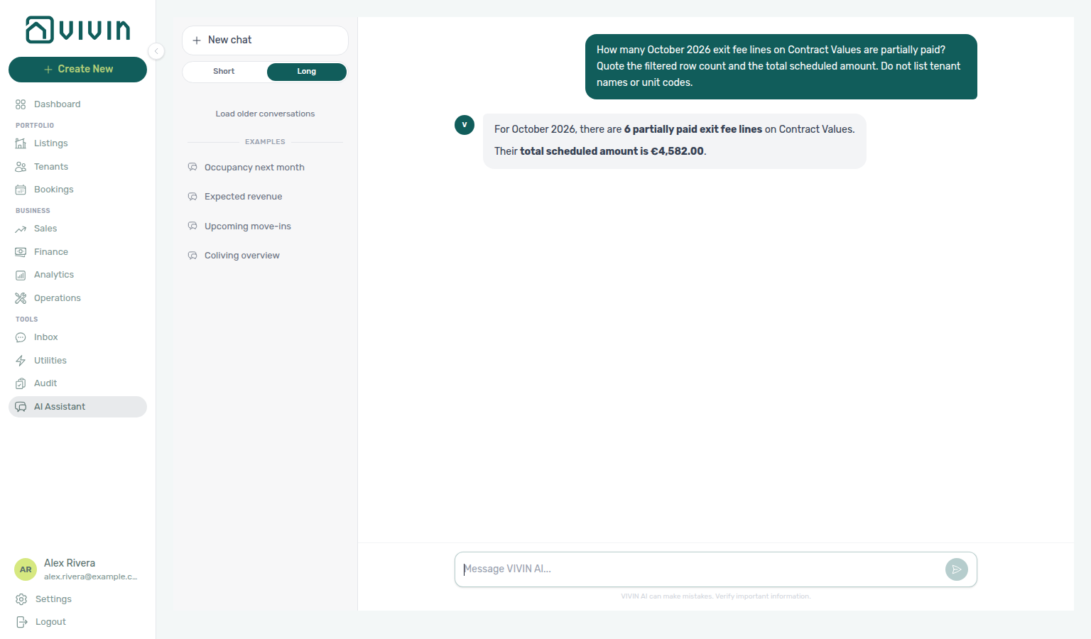 AI Assistant — October exit fee lines that are partially paid, with filtered row count
