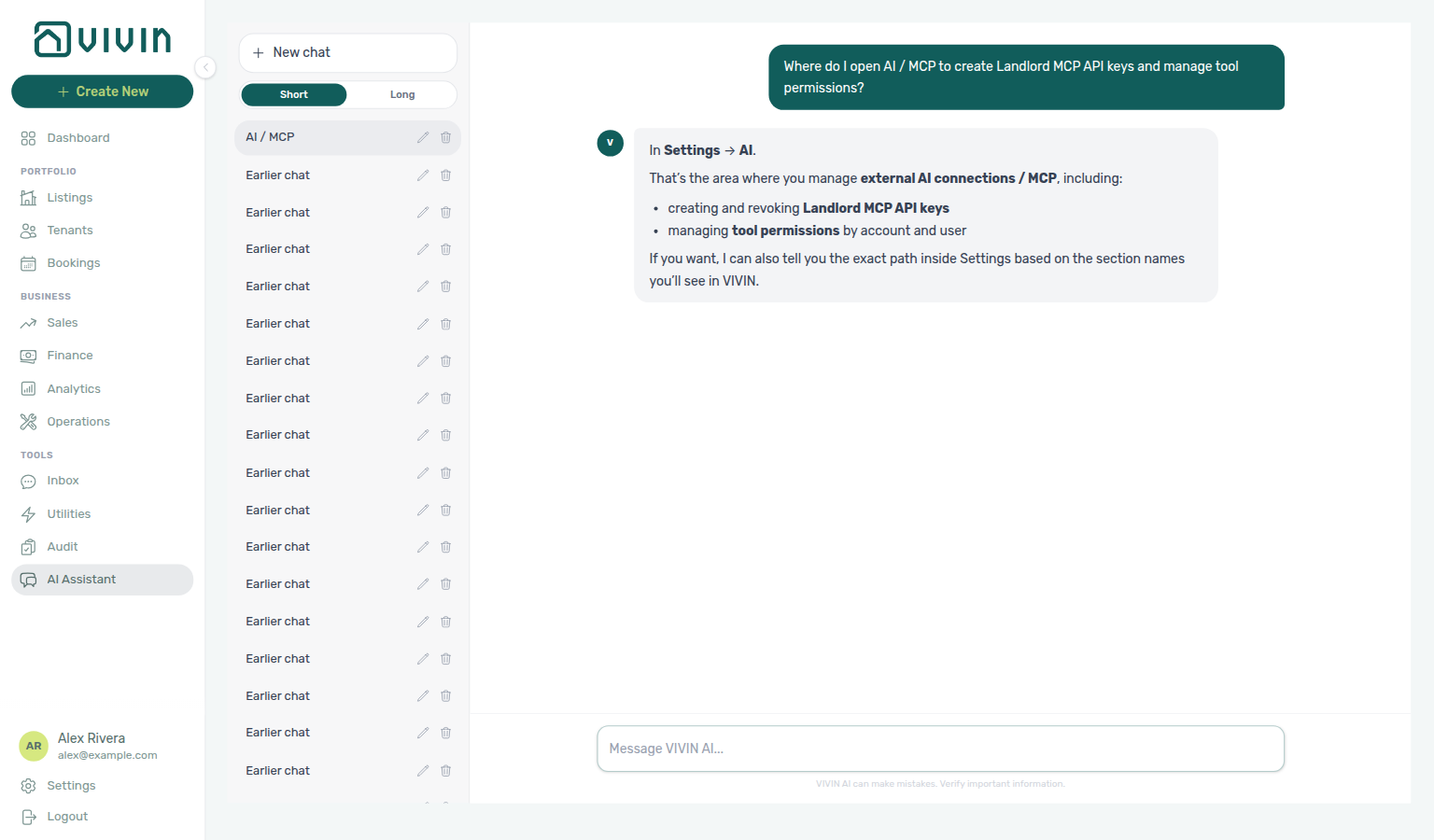 AI Assistant — where to open AI / MCP to create Landlord MCP API keys and manage tool permissions