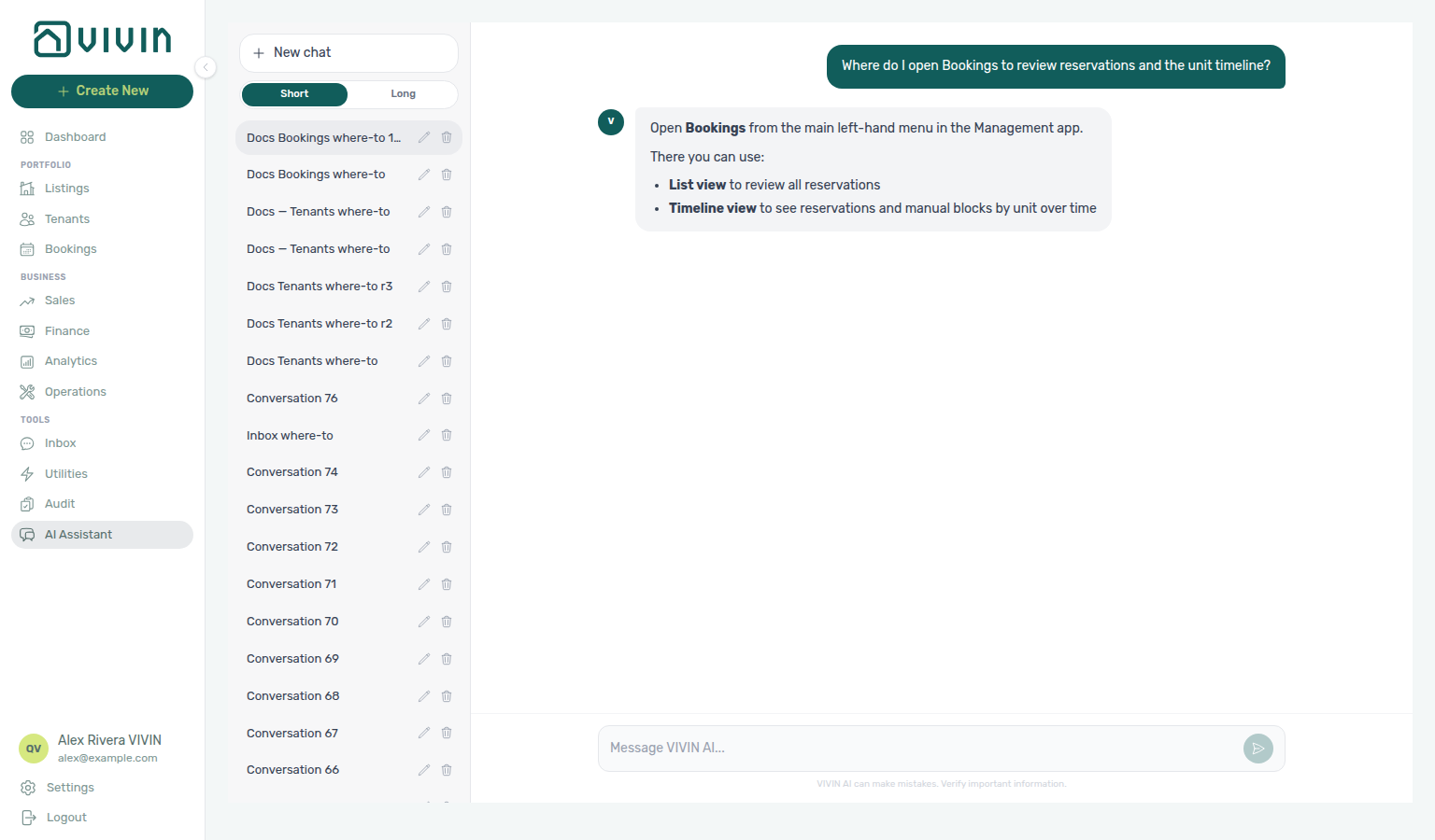 AI Assistant — where to open Bookings for reservations and the unit timeline