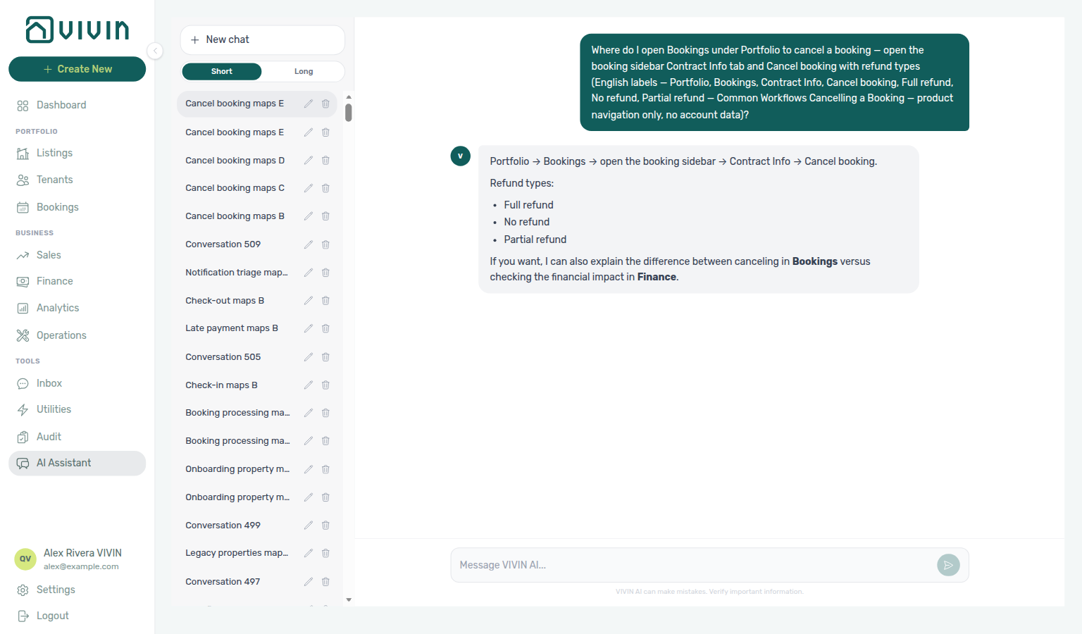 AI Assistant — where to open Bookings Contract Info Cancel booking for a policy void