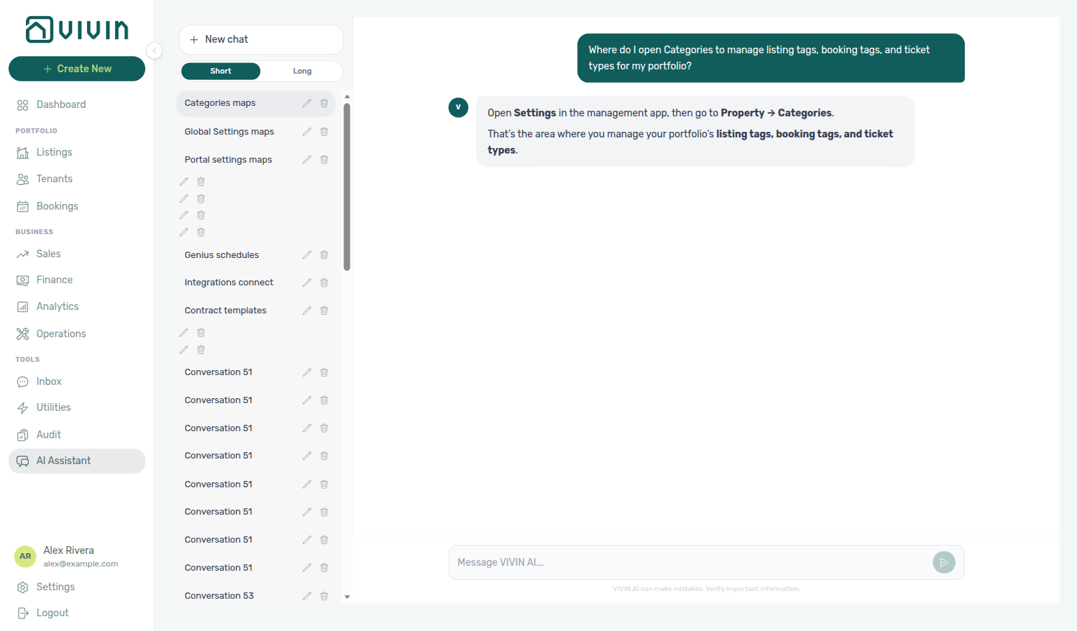 AI Assistant — where to open Categories for listing tags, booking tags, and ticket types