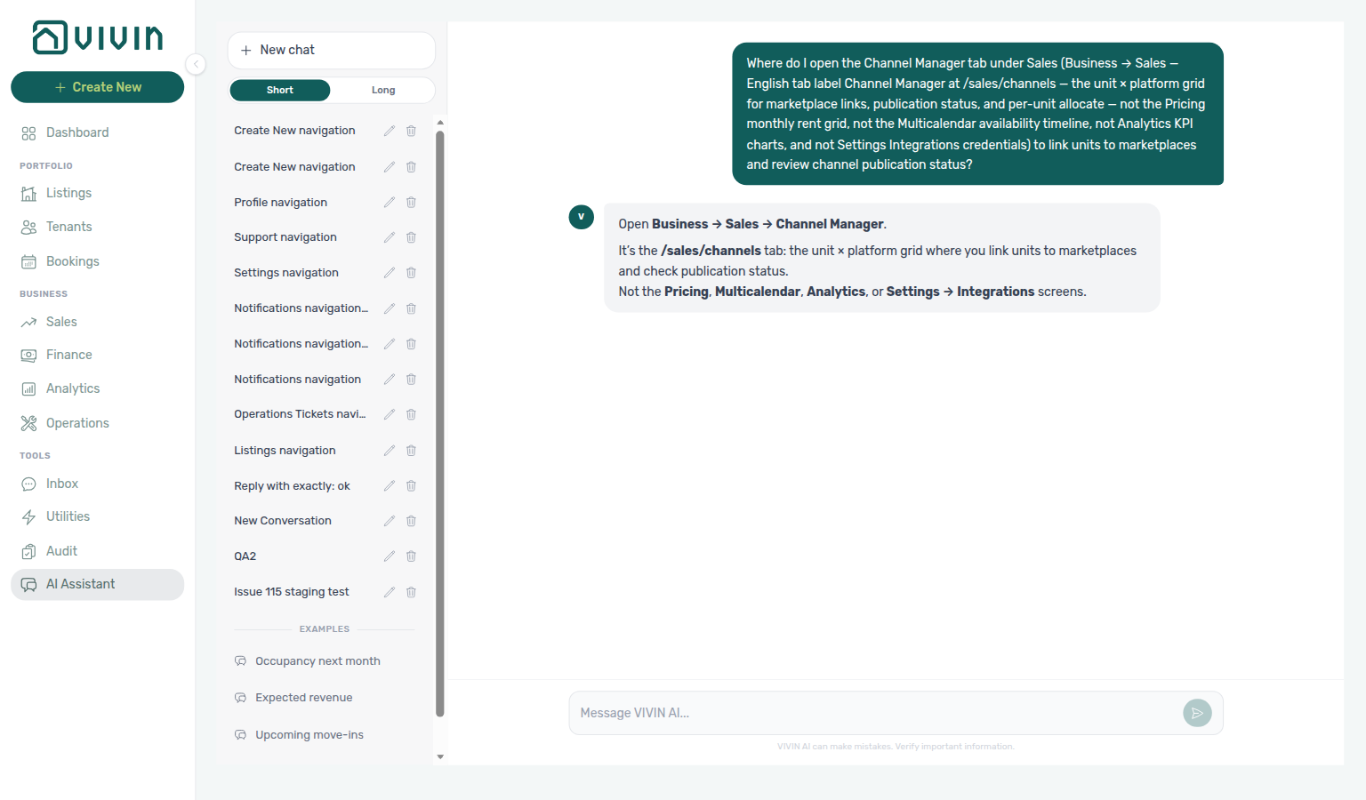 AI Assistant — where to open the Sales Channel Manager tab for unit × platform marketplace links