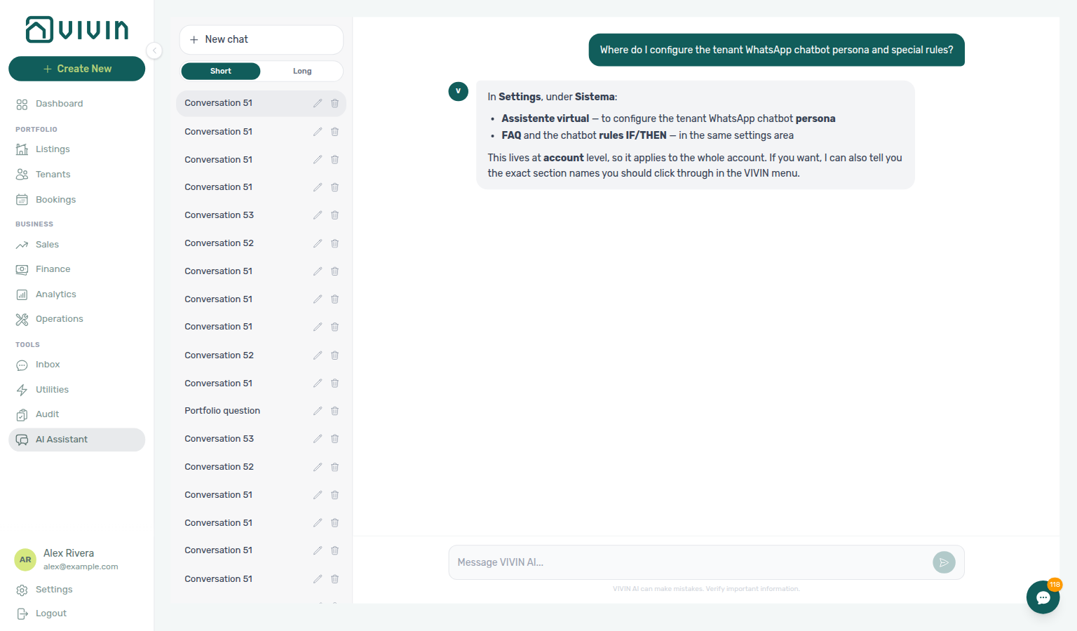 AI Assistant — where to configure tenant WhatsApp chatbot persona and special rules