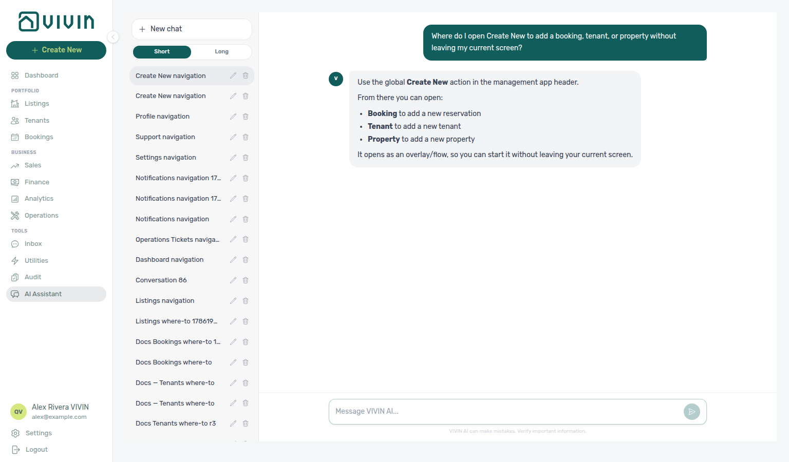 AI Assistant — where to open Create New for booking, tenant, or property shortcuts