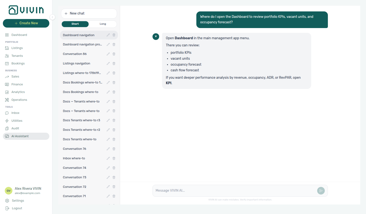 AI Assistant — where to open the Dashboard for portfolio KPIs and vacant units