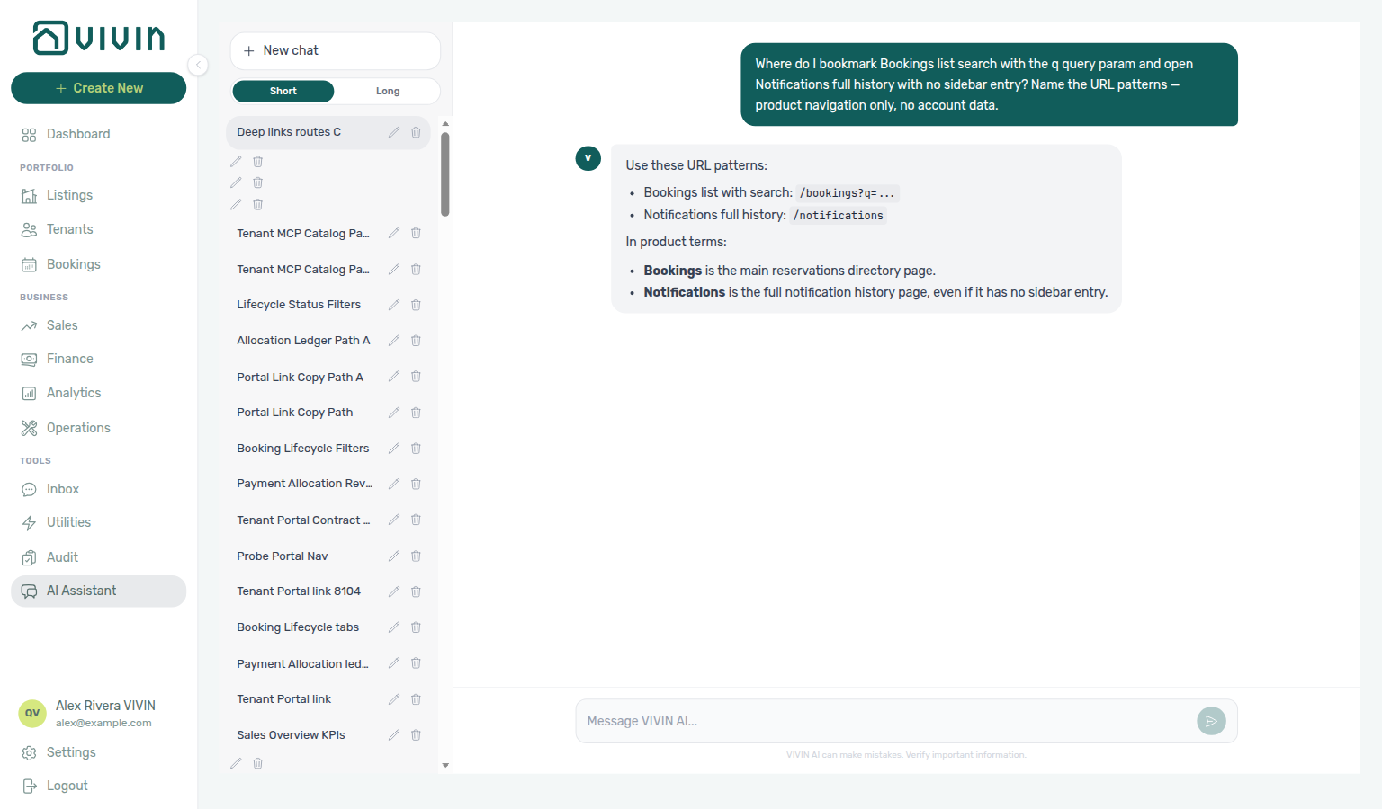 AI Assistant — where to bookmark Bookings search and Notifications deep-link routes