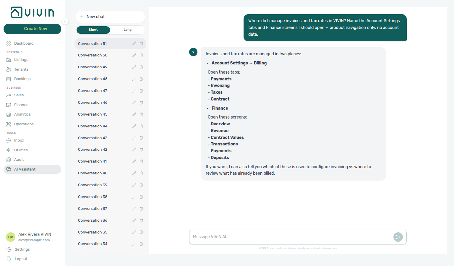 AI Assistant — where to manage invoices and tax rates (Billing settings vs Finance screens)
