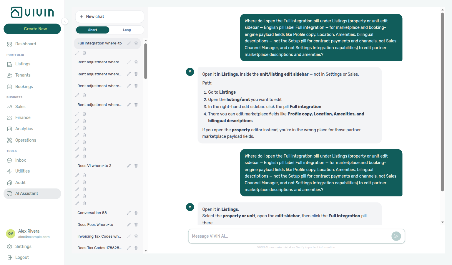 AI Assistant — where to open the Full integration pill for partner marketplace descriptions and amenities