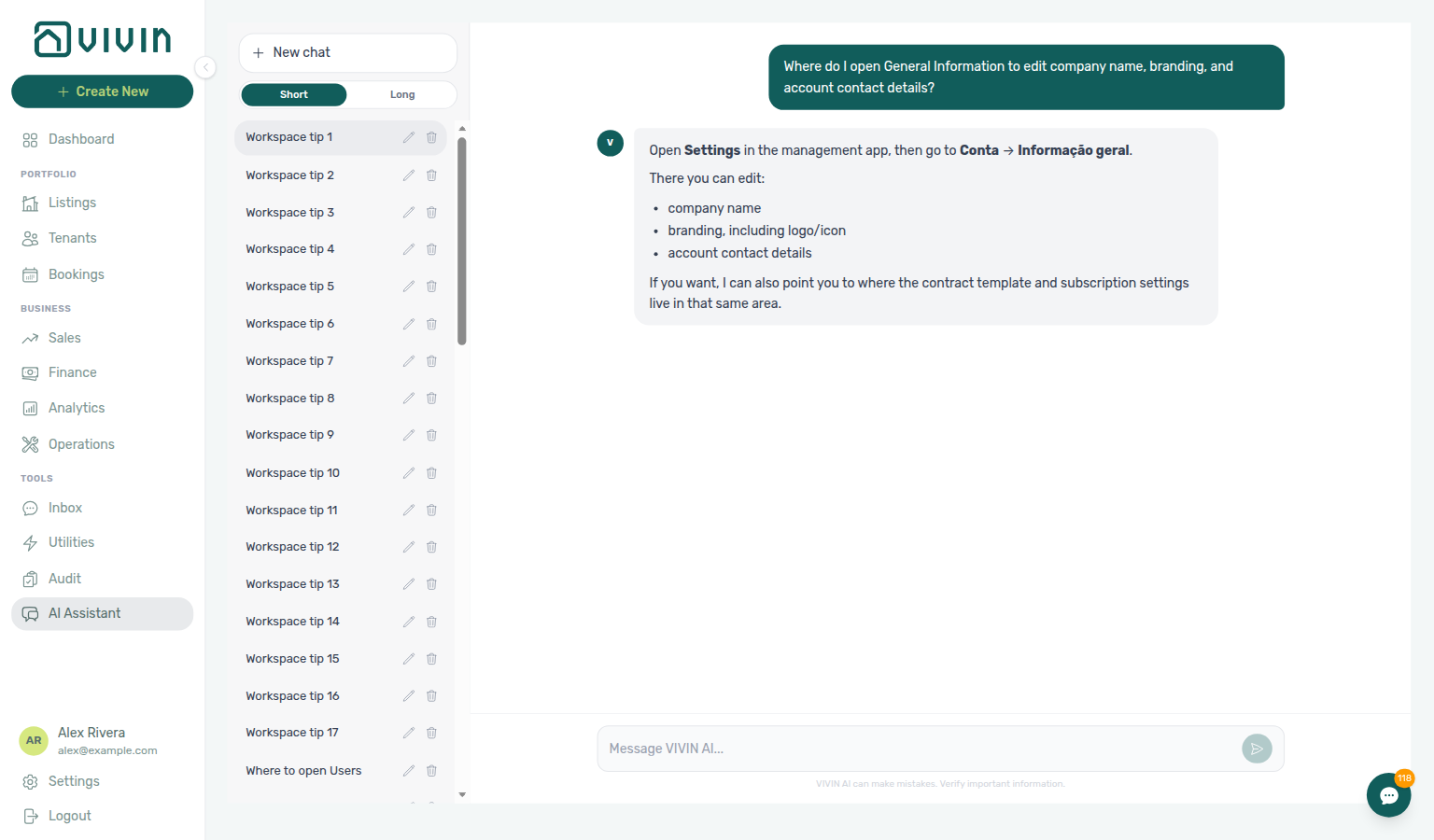 AI Assistant — where to open General Information to edit company name, branding, and contact details