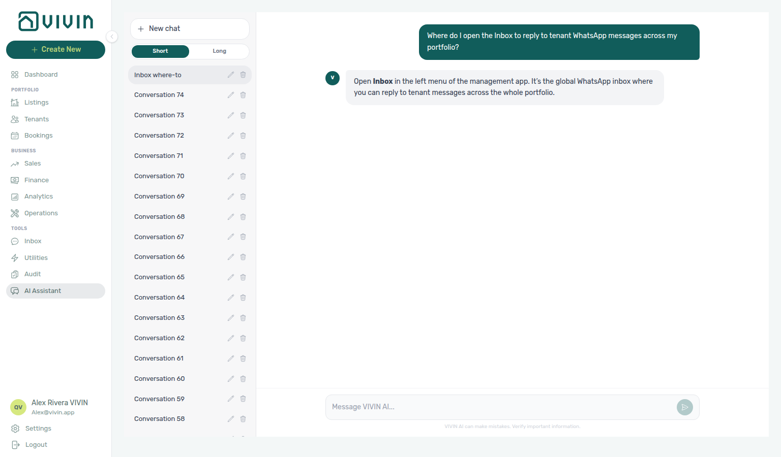 AI Assistant — where to open Inbox for portfolio WhatsApp triage