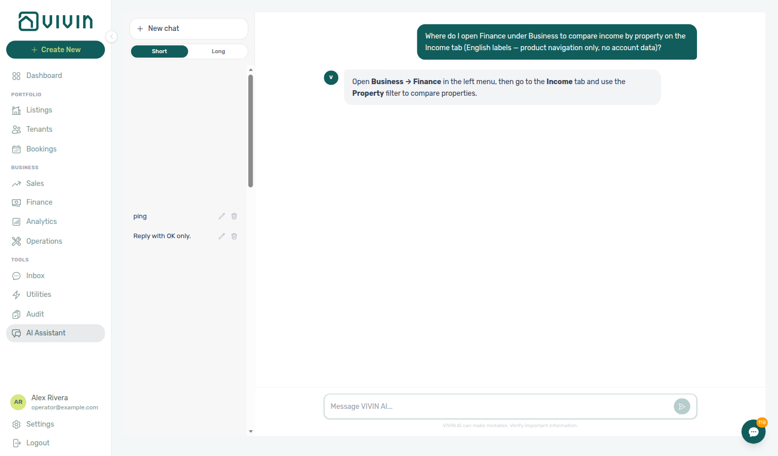AI Assistant — where to open Finance → Income to compare income by property