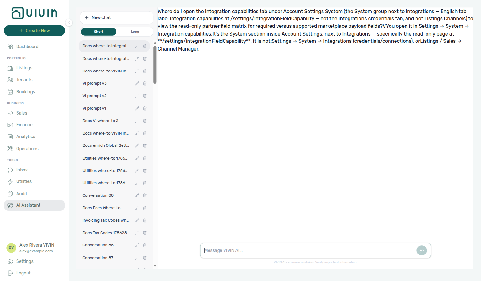 AI Assistant — where to open Integration capabilities for the partner field matrix