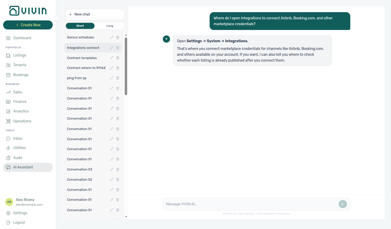 AI Assistant — where to open Integrations for marketplace credentials