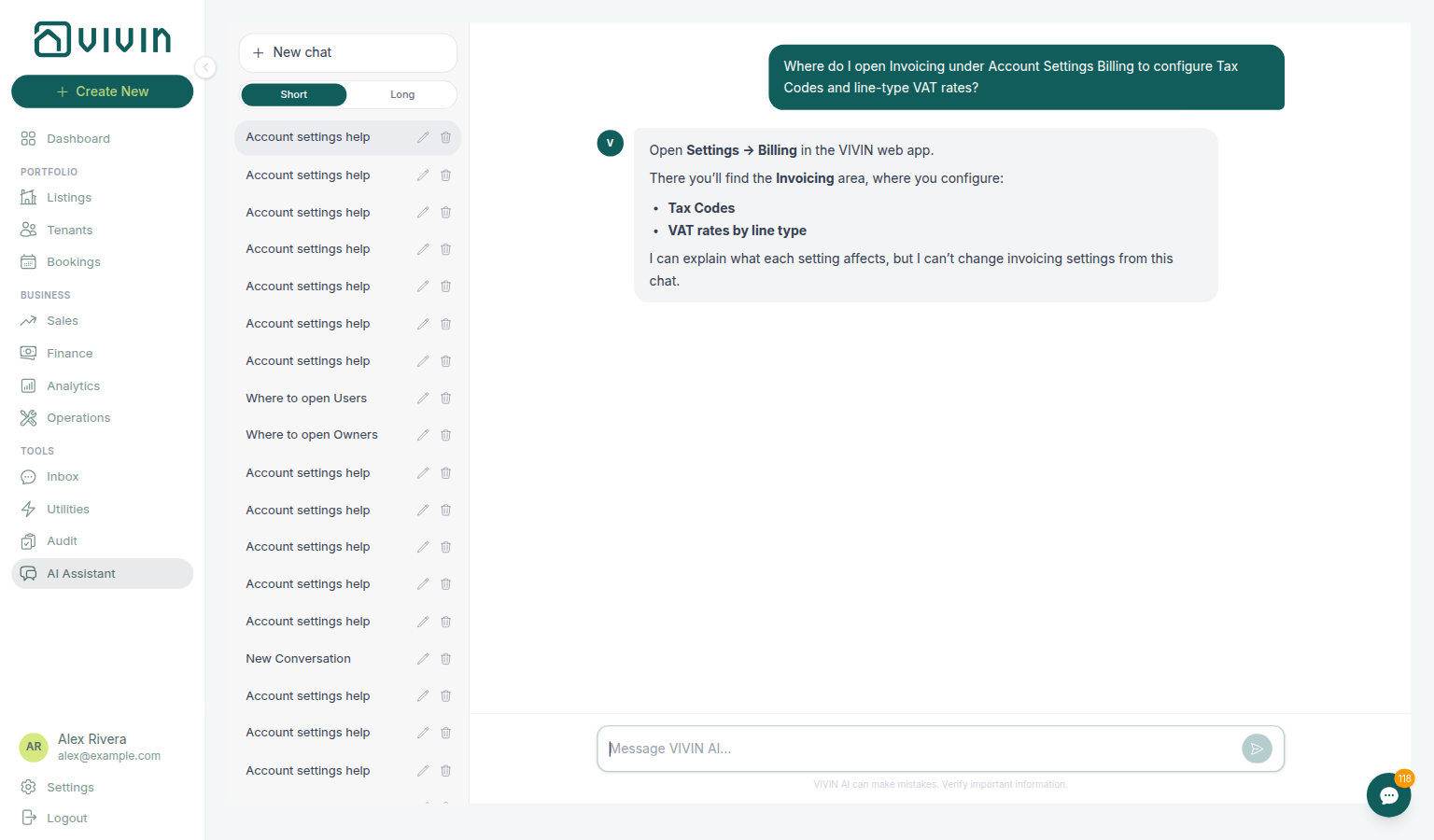 AI Assistant — where to open Invoicing for Tax Codes and line-type VAT rates