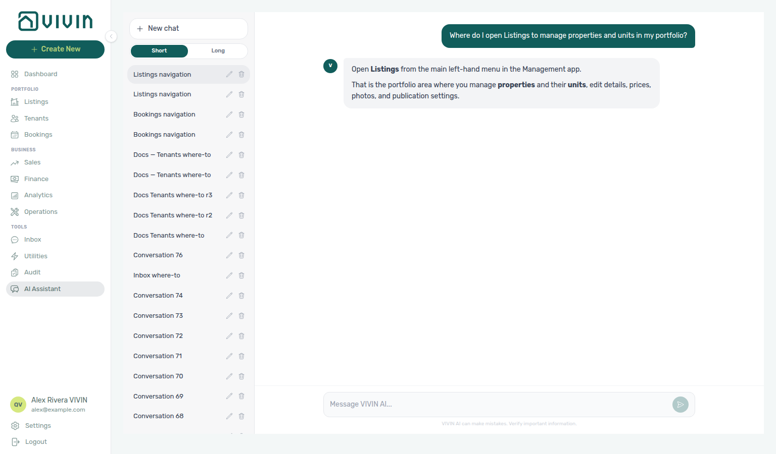 AI Assistant — where to open Listings to manage properties and units