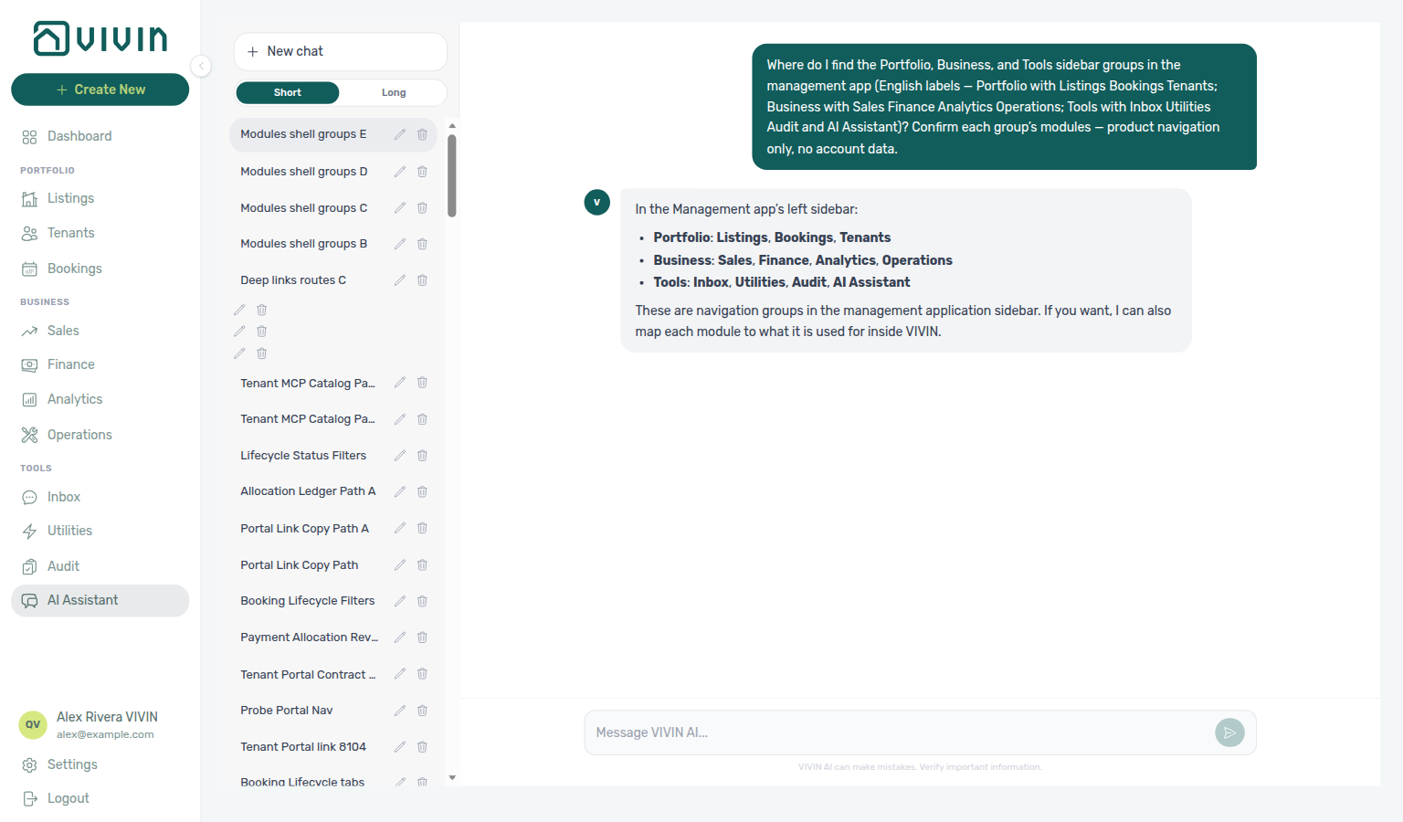 AI Assistant — where to find Portfolio, Business, and Tools sidebar groups