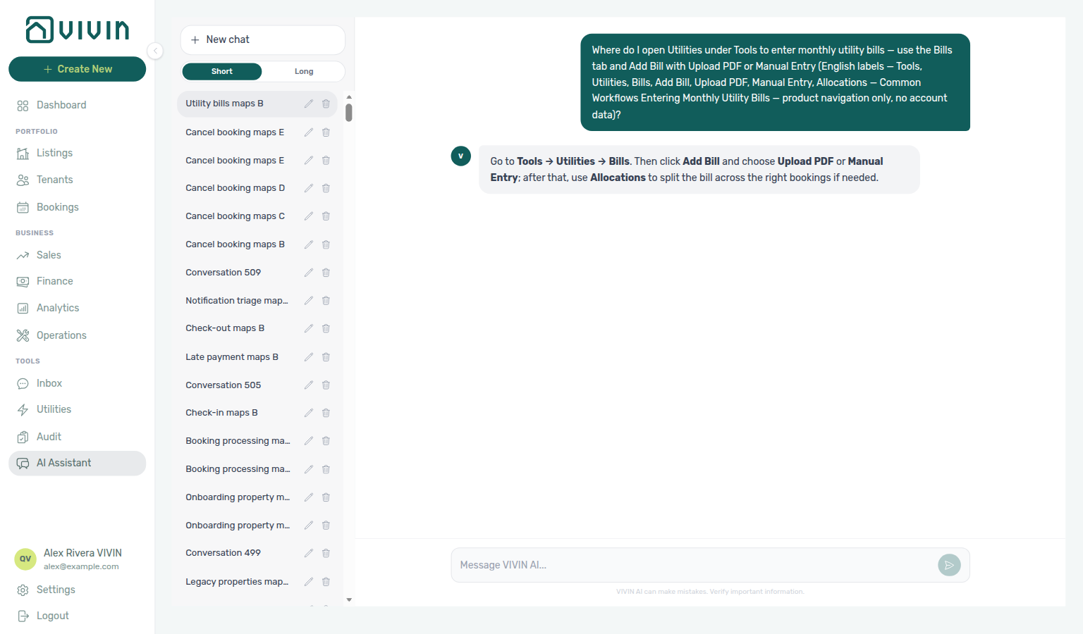 AI Assistant — where to open Utilities Bills Add Bill for monthly supplier bills