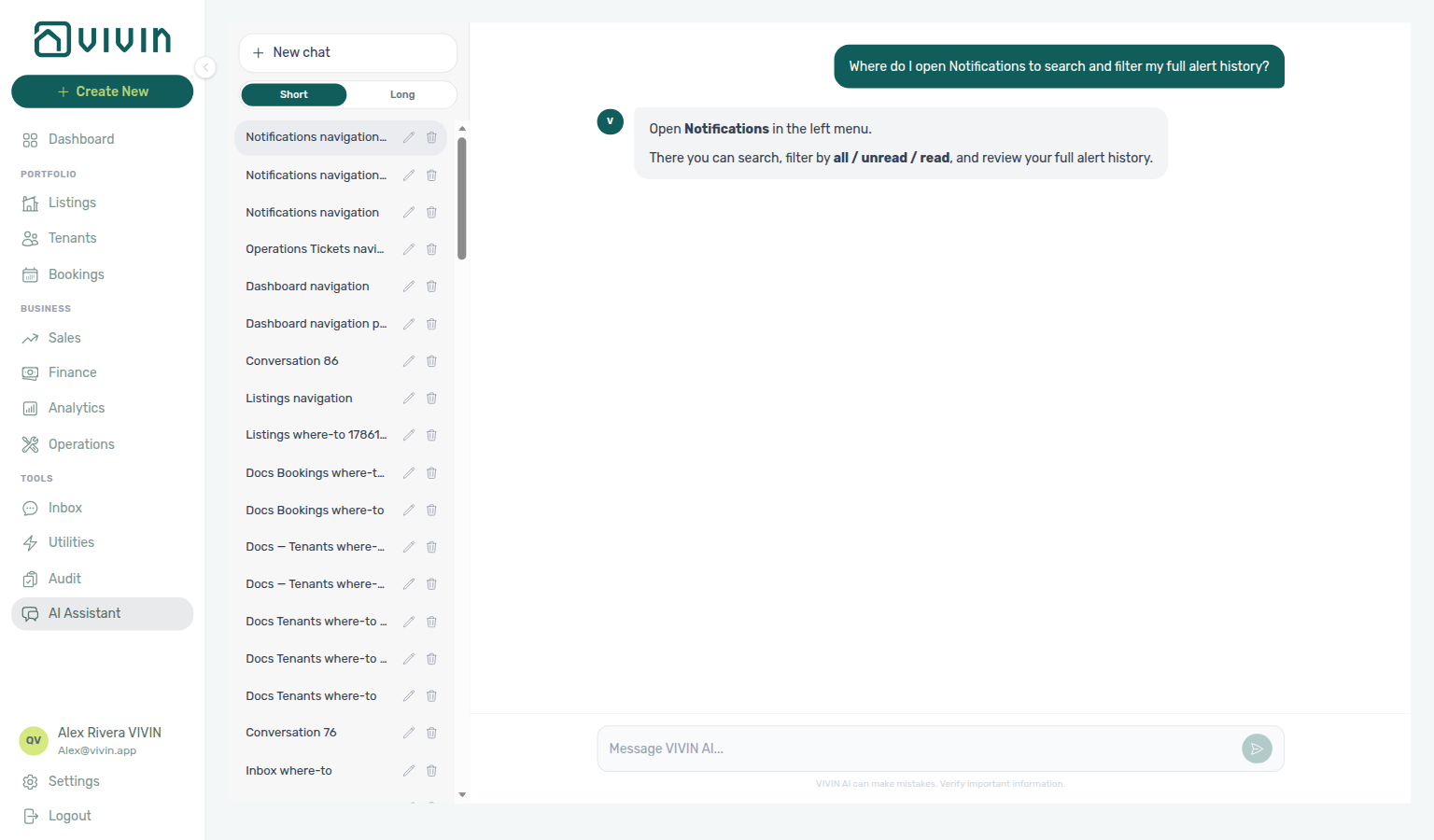AI Assistant — where to open Notifications for full alert history