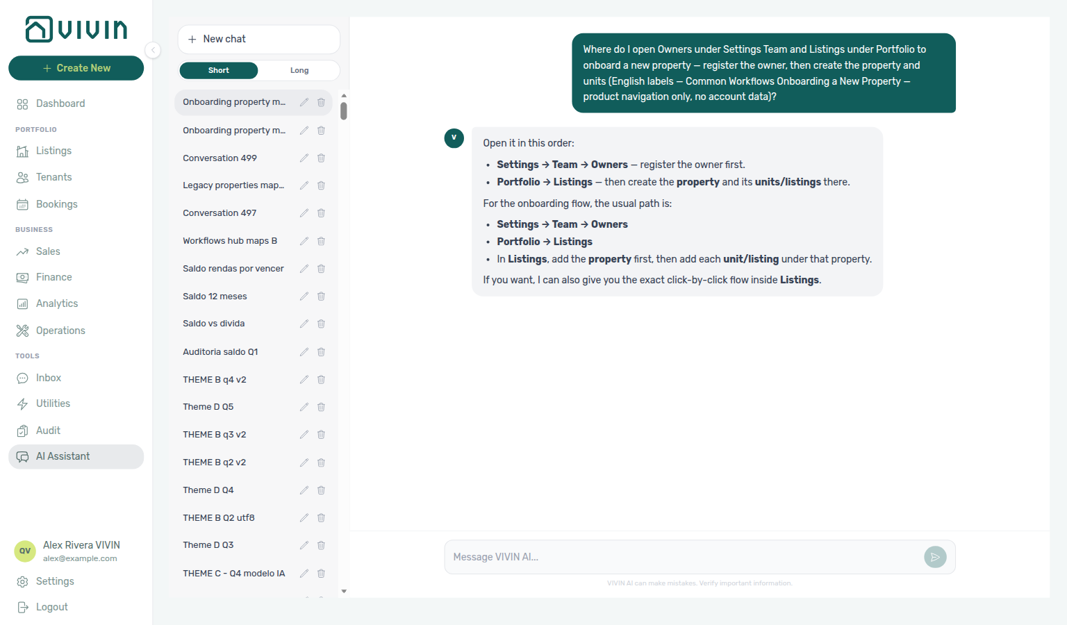 AI Assistant — where to open Owners and Listings to onboard a new property