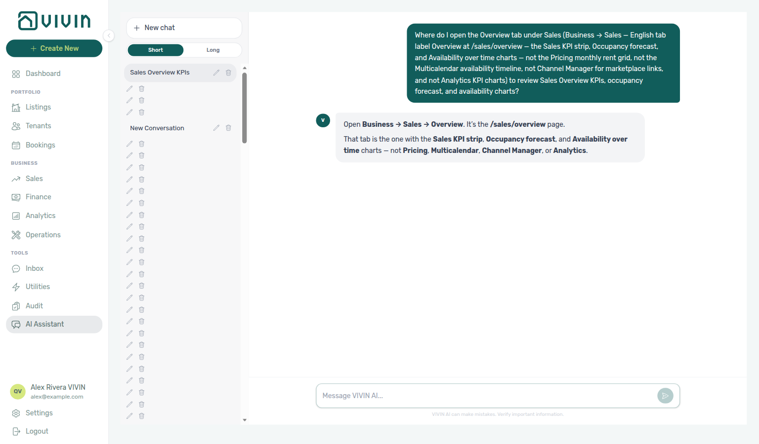 AI Assistant — where to open the Sales Overview tab for KPIs, occupancy forecast, and availability charts
