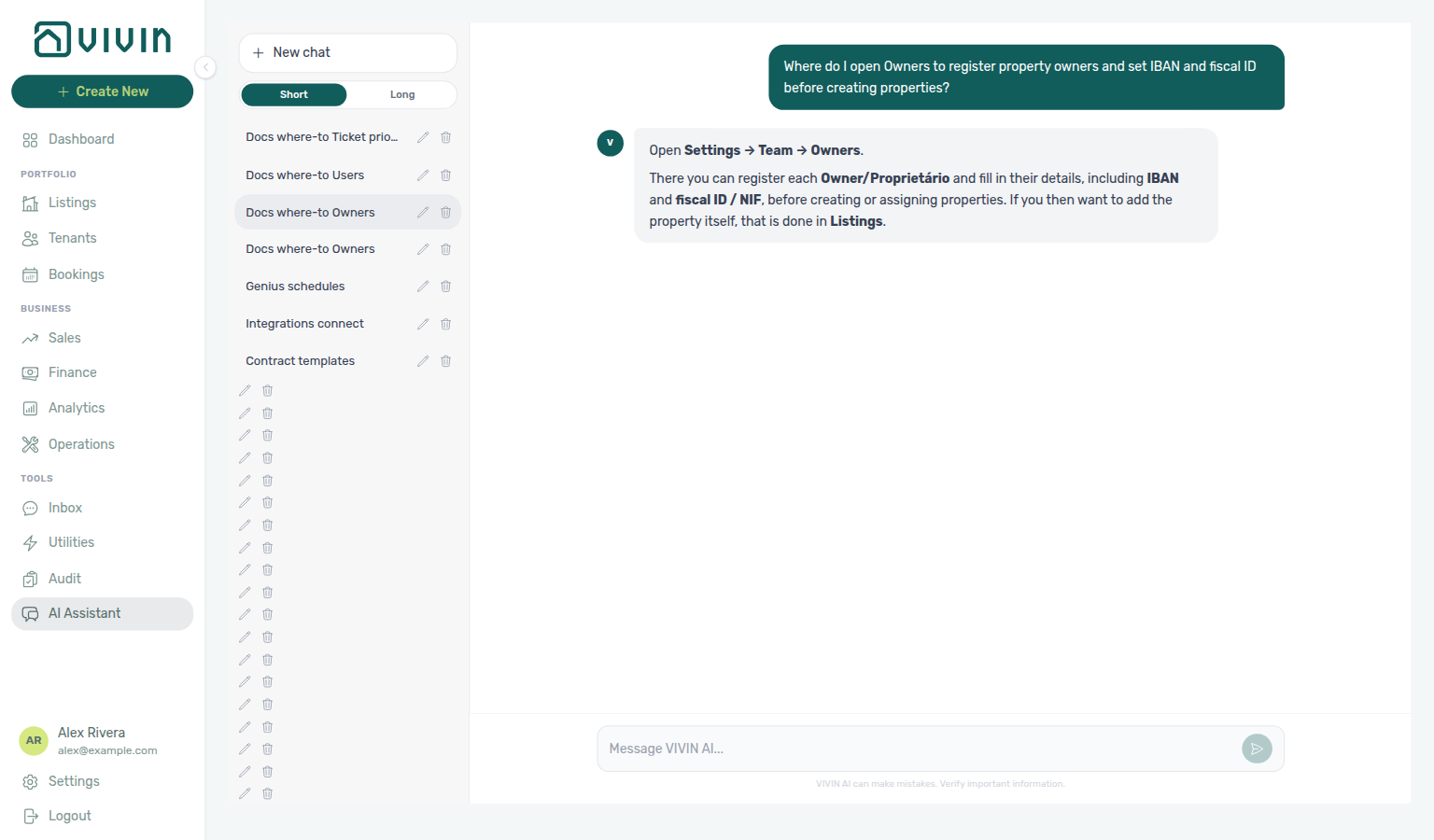 AI Assistant — where to open Owners to register property owners and banking details