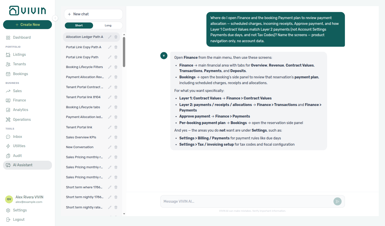 AI Assistant — where to open Finance and the booking Payment plan for payment allocation