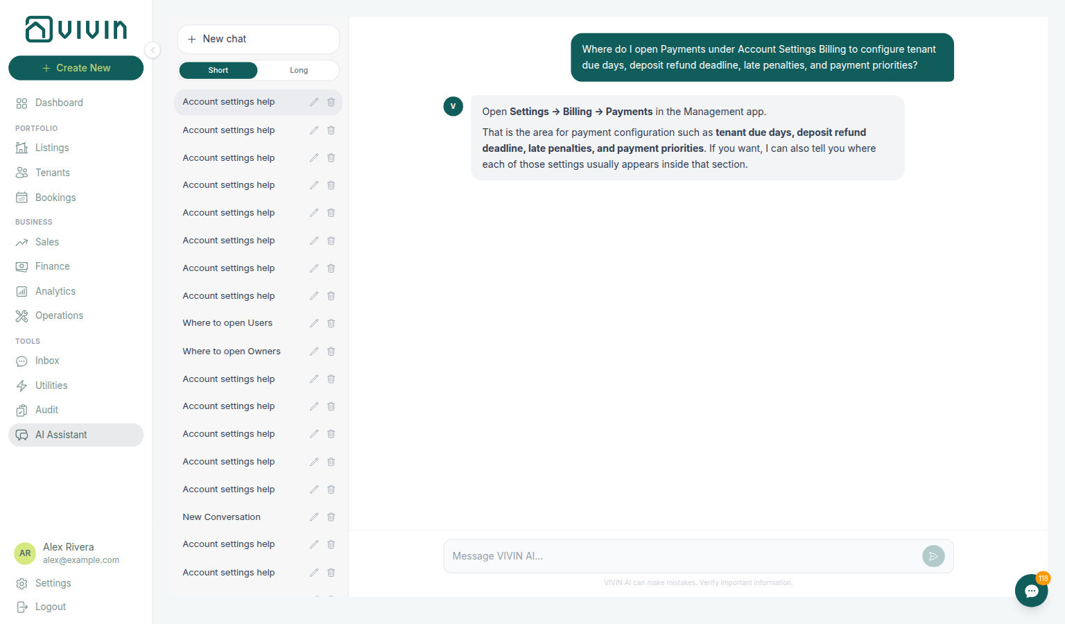AI Assistant — where to open Payments for tenant due days, deposit refund deadline, late penalties, and payment priorities